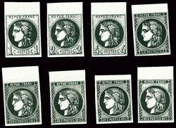 Essais en noir du 1c au 80c (sauf 10c) sur papier glacé, tous bdf, ...