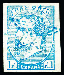 Espagne, timbre carliste n°1, 1R bleu clair, obl étoile bleue à 5 ...