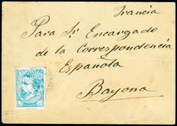 Espagne, timbre carliste n°1, 1R. Bleu clair obl CAD bleu "Vergara ...