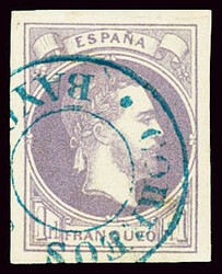 Espagne, timbre carliste n°2, 1R violet obl CAD bleu sans bloc ...